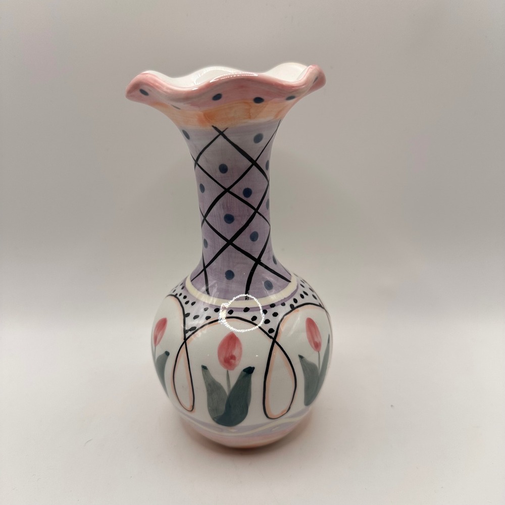 Laura Ashley Collection Cardinal Handpainted Ceramic Vase Pink Tulip Ruffled 6"